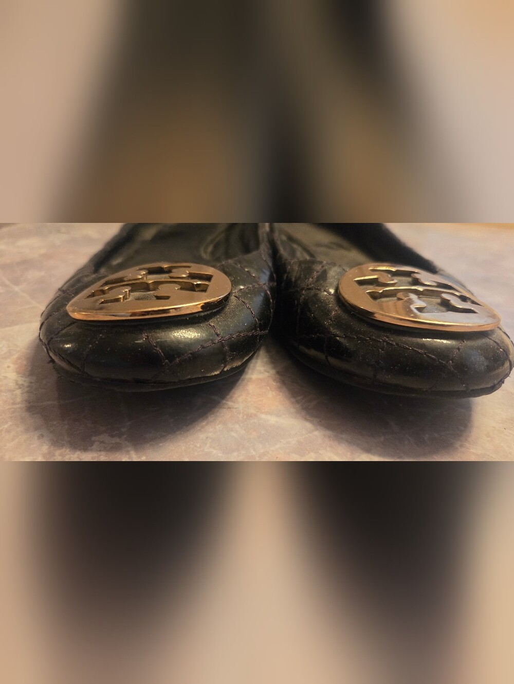 Tory Burch Black Leather Logo Ballet Flats with Gold Emblem - Picture 2 of 6